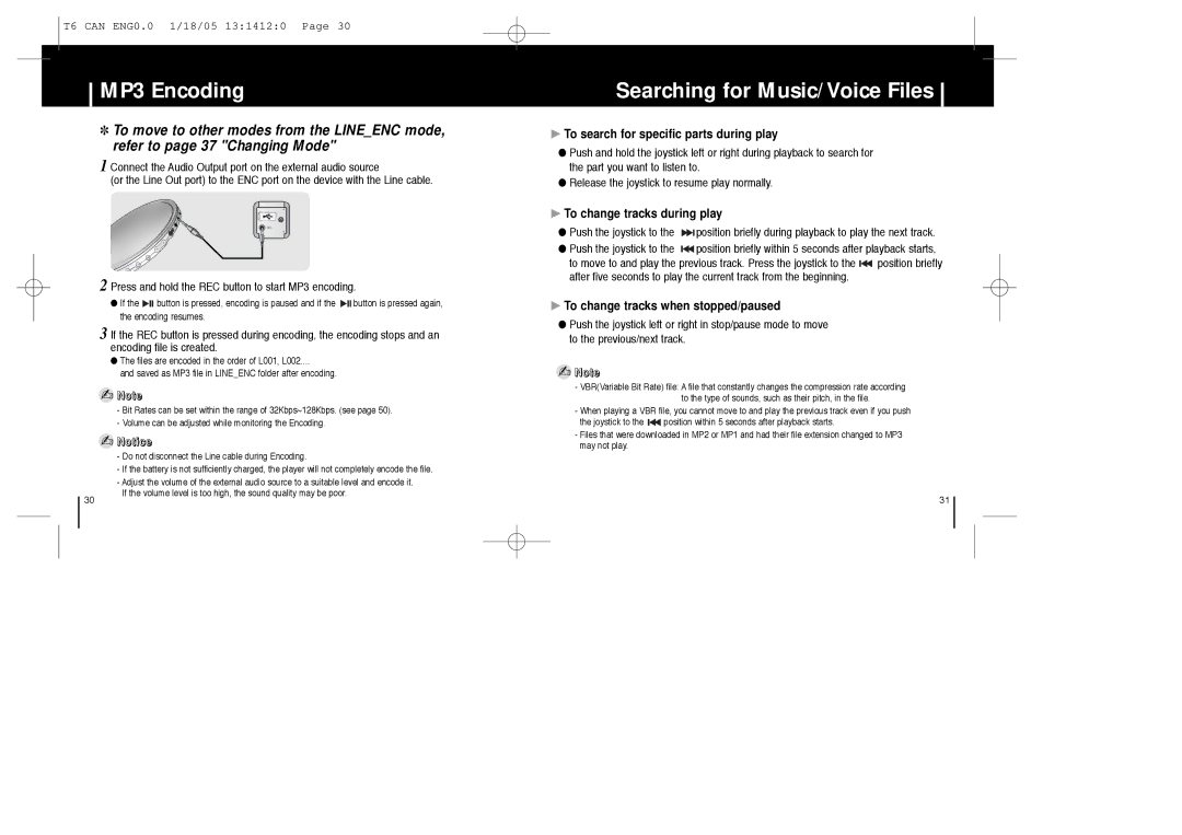 Samsung YP-MT6Z manual MP3 Encoding, Searching for Music/Voice Files, To search for specific parts during play 