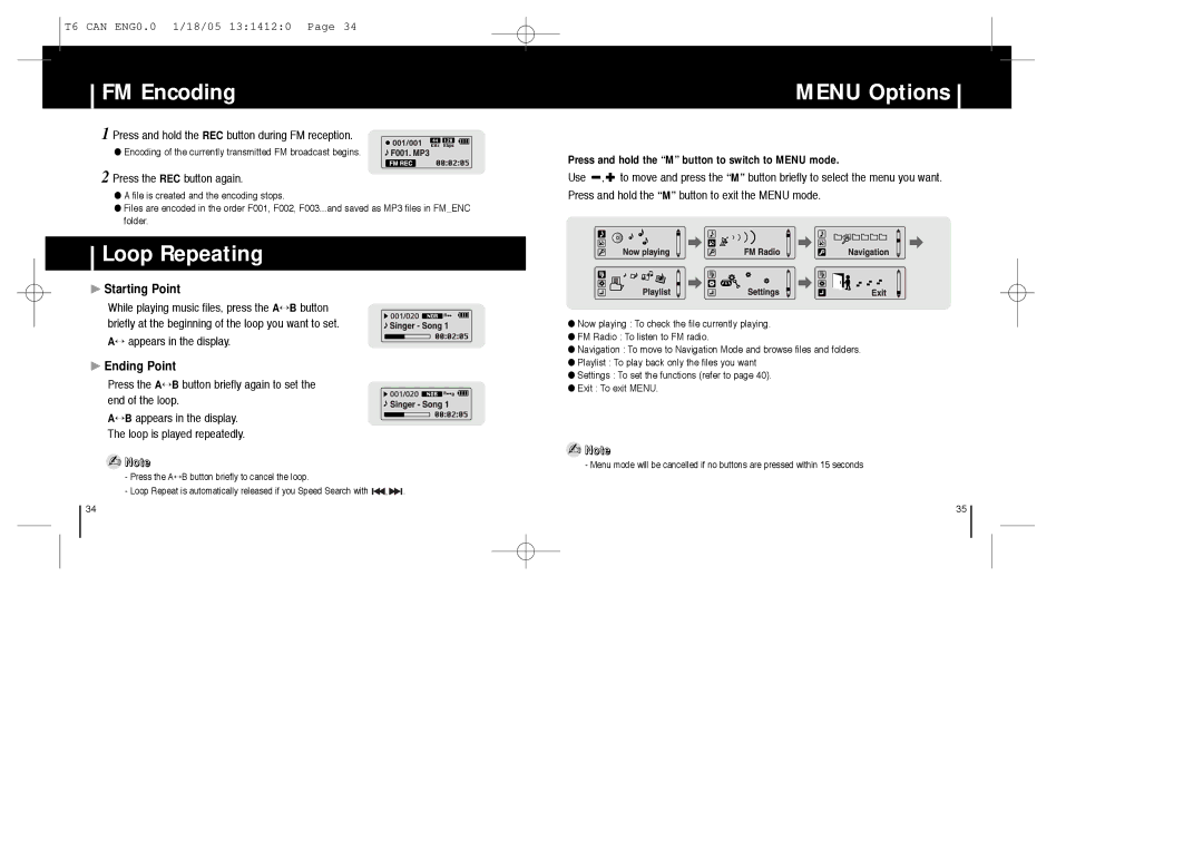 Samsung YP-MT6Z manual FM Encoding, Loop Repeating, Menu Options, Starting Point, Ending Point 