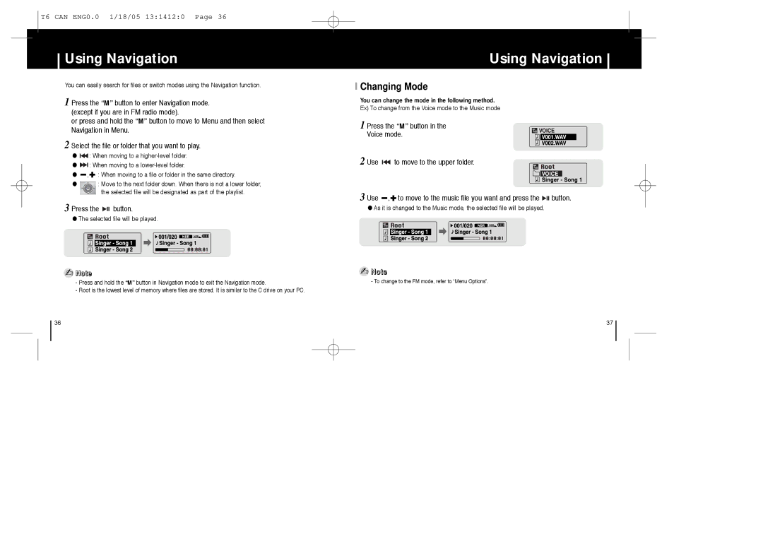 Samsung YP-MT6Z manual Using Navigation, Changing Mode 