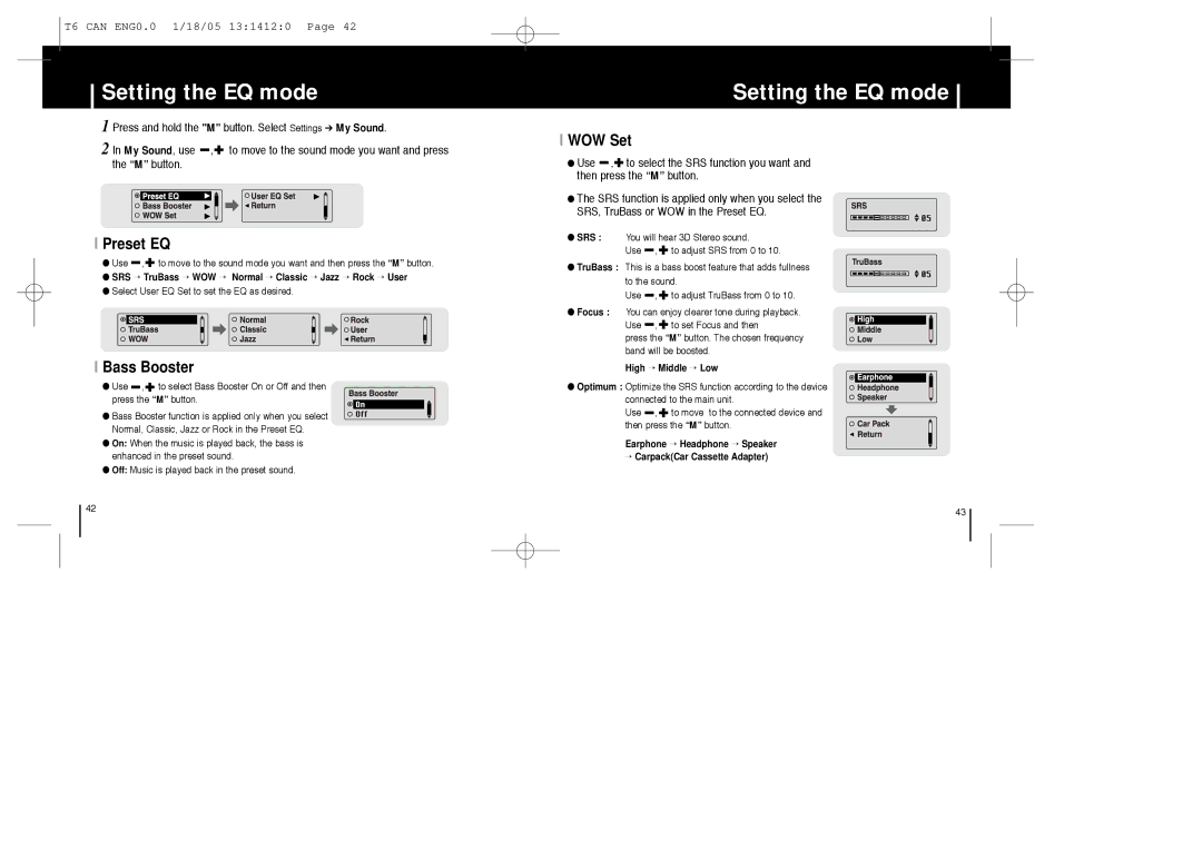 Samsung YP-MT6Z manual Setting the EQ mode, Preset EQ, Bass Booster, WOW Set 