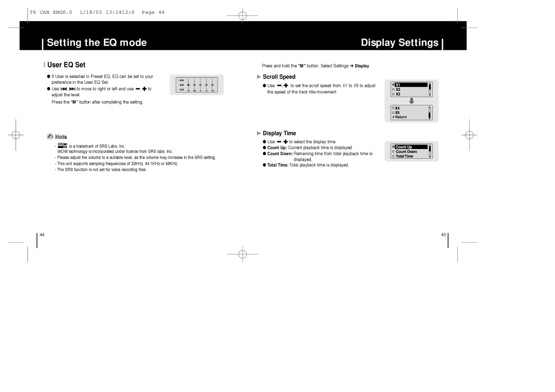 Samsung YP-MT6Z manual Display Settings, User EQ Set, Scroll Speed, Display Time 