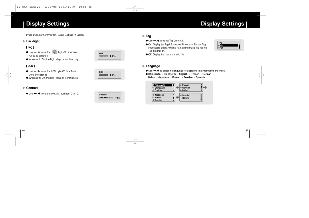 Samsung YP-MT6Z manual Backlight, Contrast, Tag, Language 