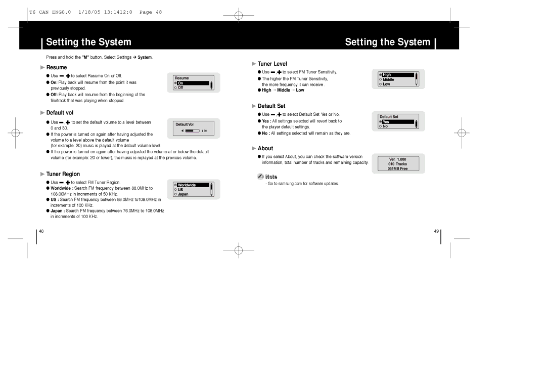 Samsung YP-MT6Z manual Resume, Default vol, Tuner Region, Tuner Level, Default Set, About 