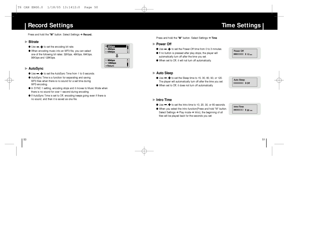 Samsung YP-MT6Z manual Record Settings, Time Settings 