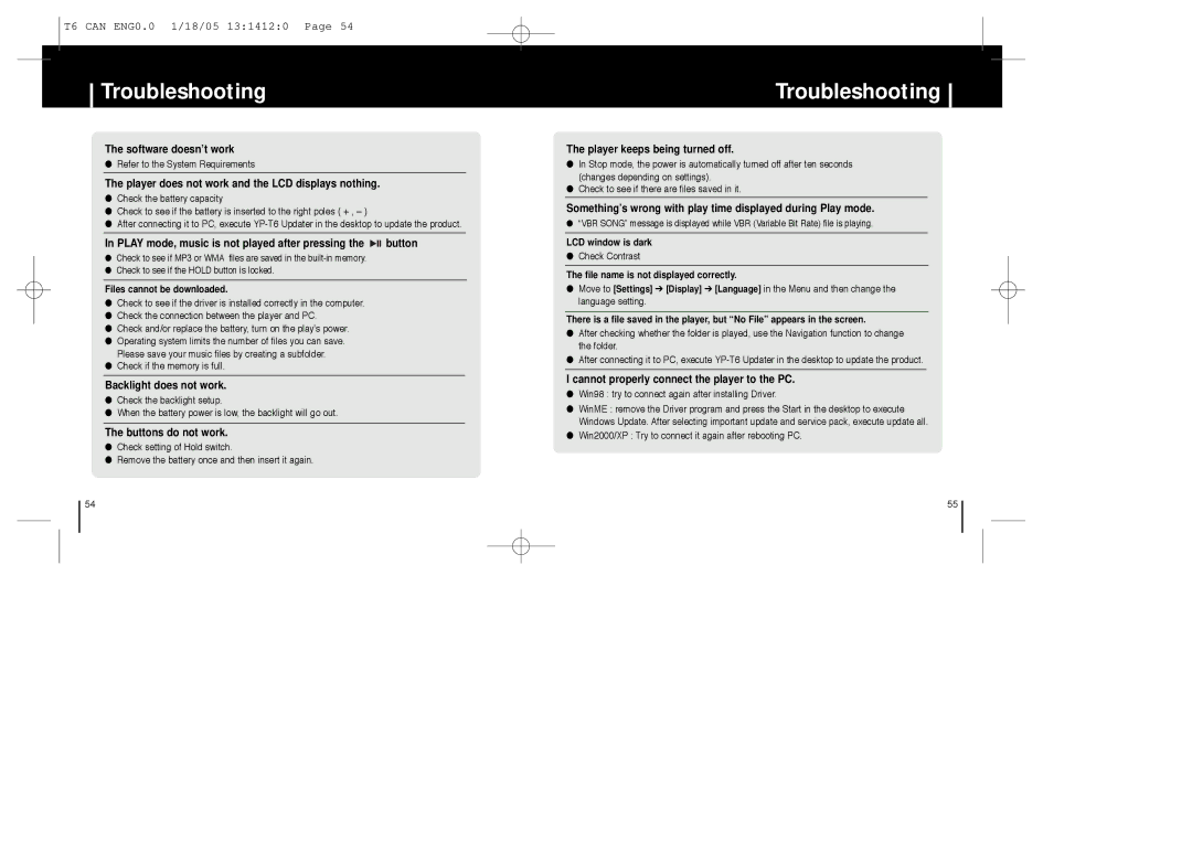 Samsung YP-MT6Z manual Troubleshooting, Player does not work and the LCD displays nothing 