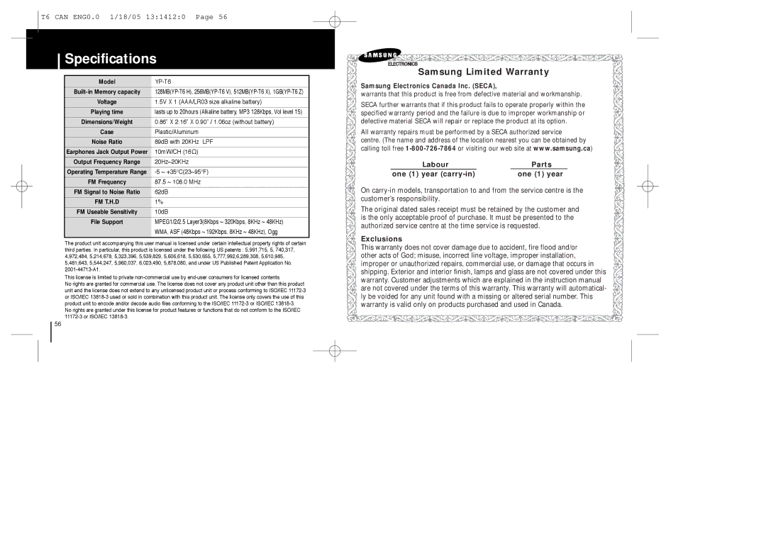 Samsung YP-MT6Z manual Specifications, Fm T.H.D 