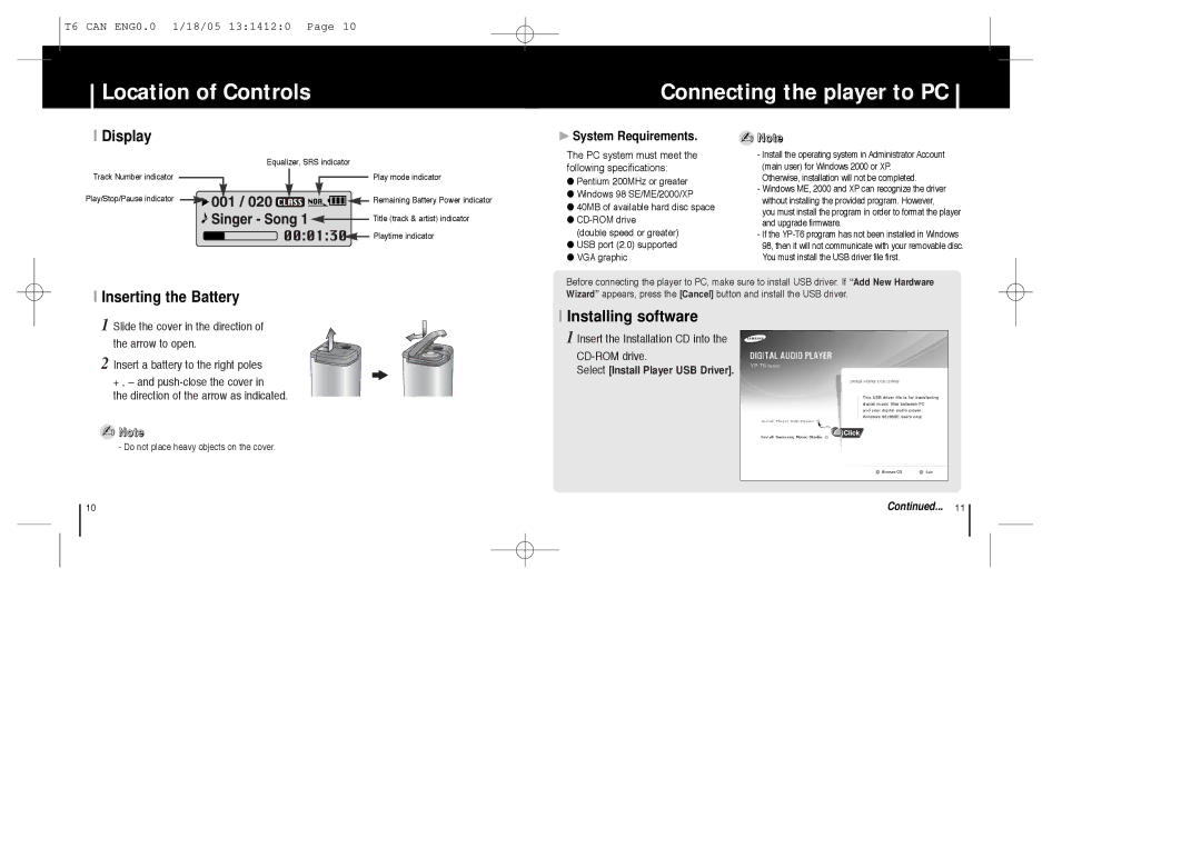 Samsung YP-MT6Z Location of Controls Connecting the player to PC, Display, Inserting the Battery, System Requirements 