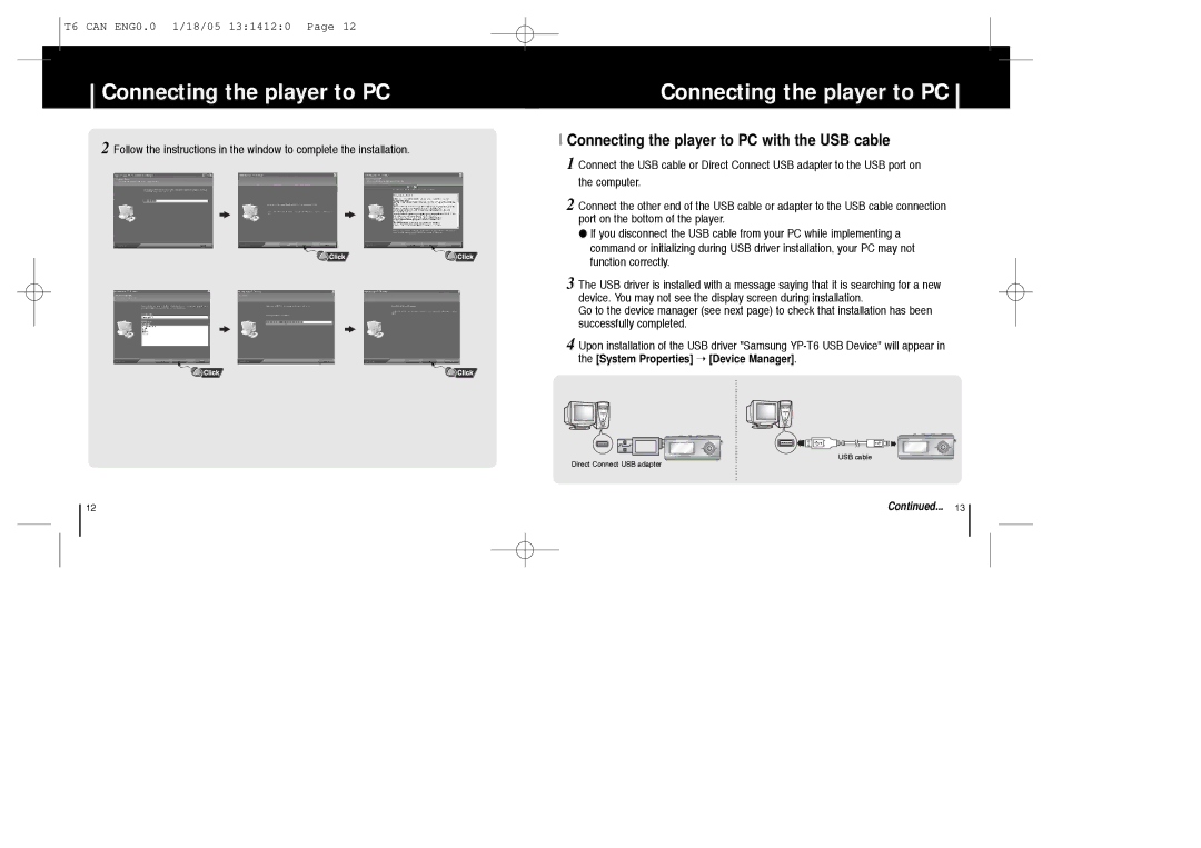 Samsung YP-MT6Z manual Connecting the player to PC with the USB cable 