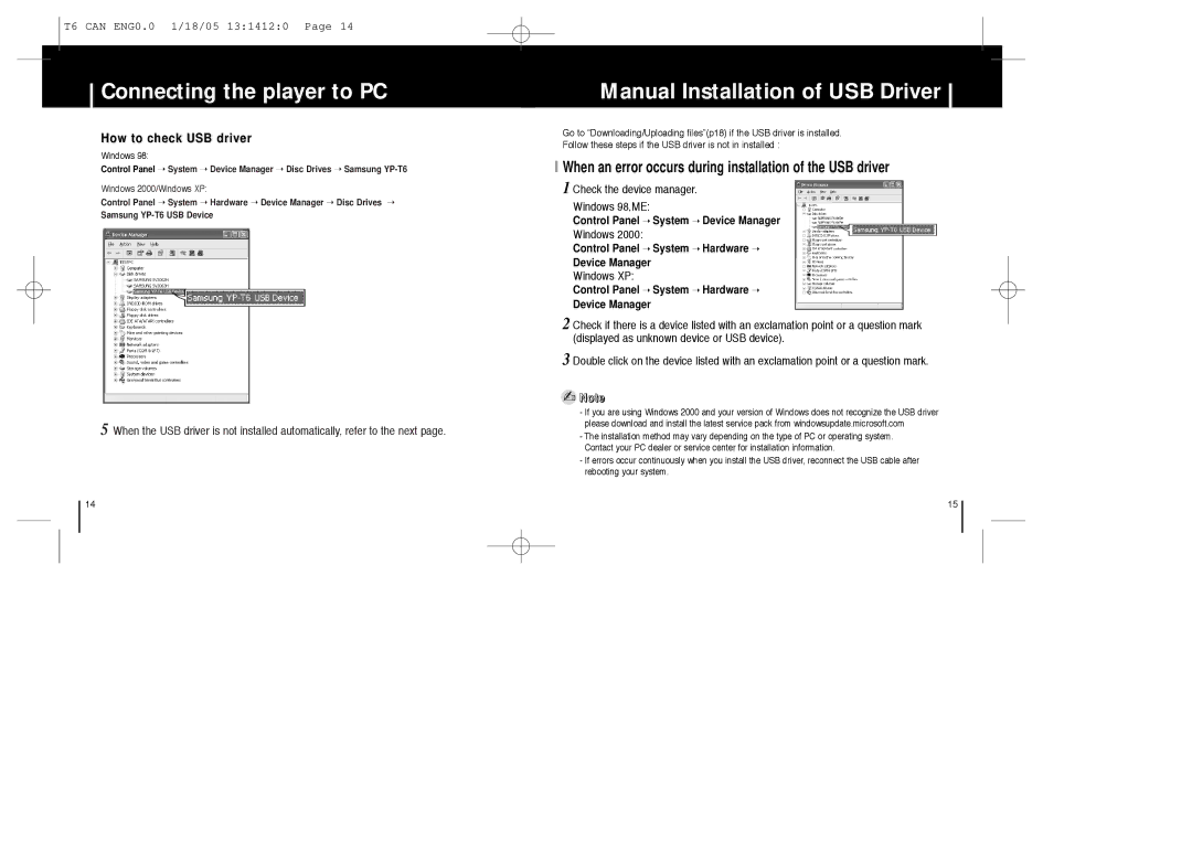 Samsung YP-MT6Z manual Manual Installation of USB Driver, How to check USB driver, Windows XP 