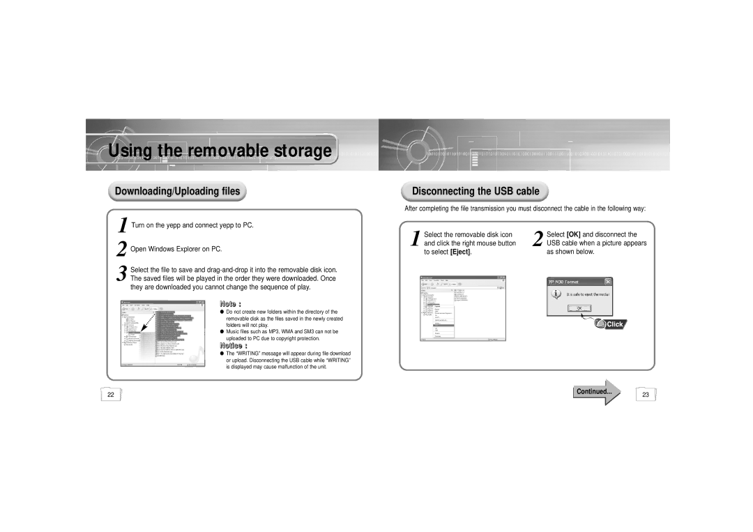 Samsung YP-N30H, YP-N30S/ELS1 manual Downloading/Uploading files, Disconnecting the USB cable, Open Windows Explorer on PC 