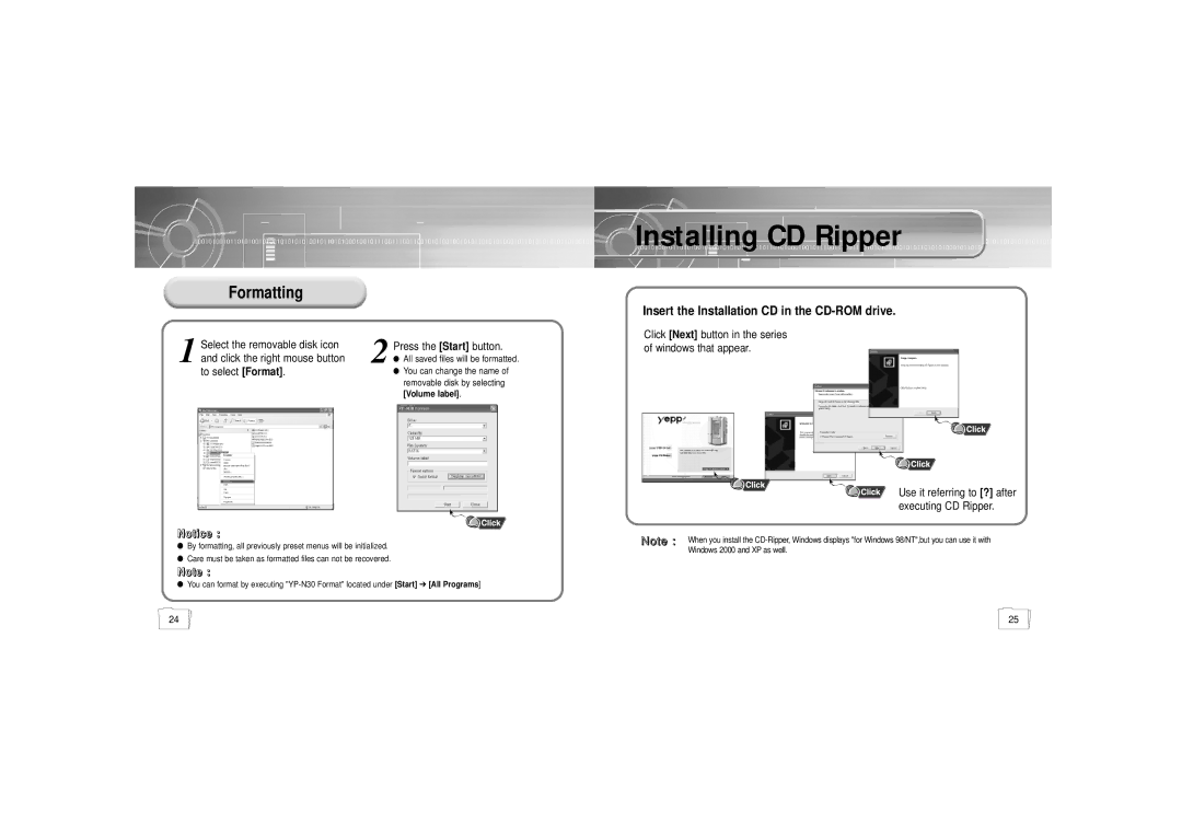 Samsung YP-N30S/ELS1, YP-N30H manual Installing CD Ripper, Formatting, To select Format Press the Start button 