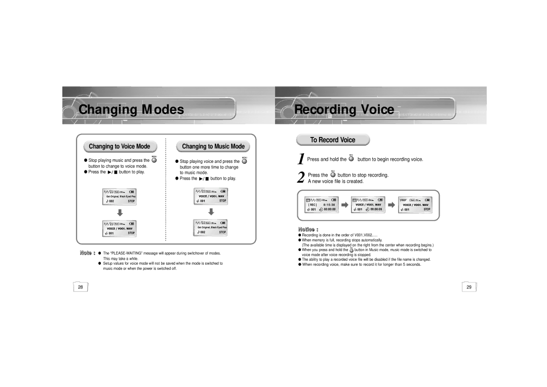 Samsung YP-N30S/ELS1 Changing Modes Recording Voice, To Record Voice, Press and hold the button to begin recording voice 