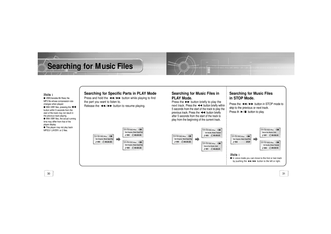 Samsung YP-N30H, YP-N30S/ELS1 manual Searching for Specific Parts in Play Mode, Searching for Music Files in Play Mode 