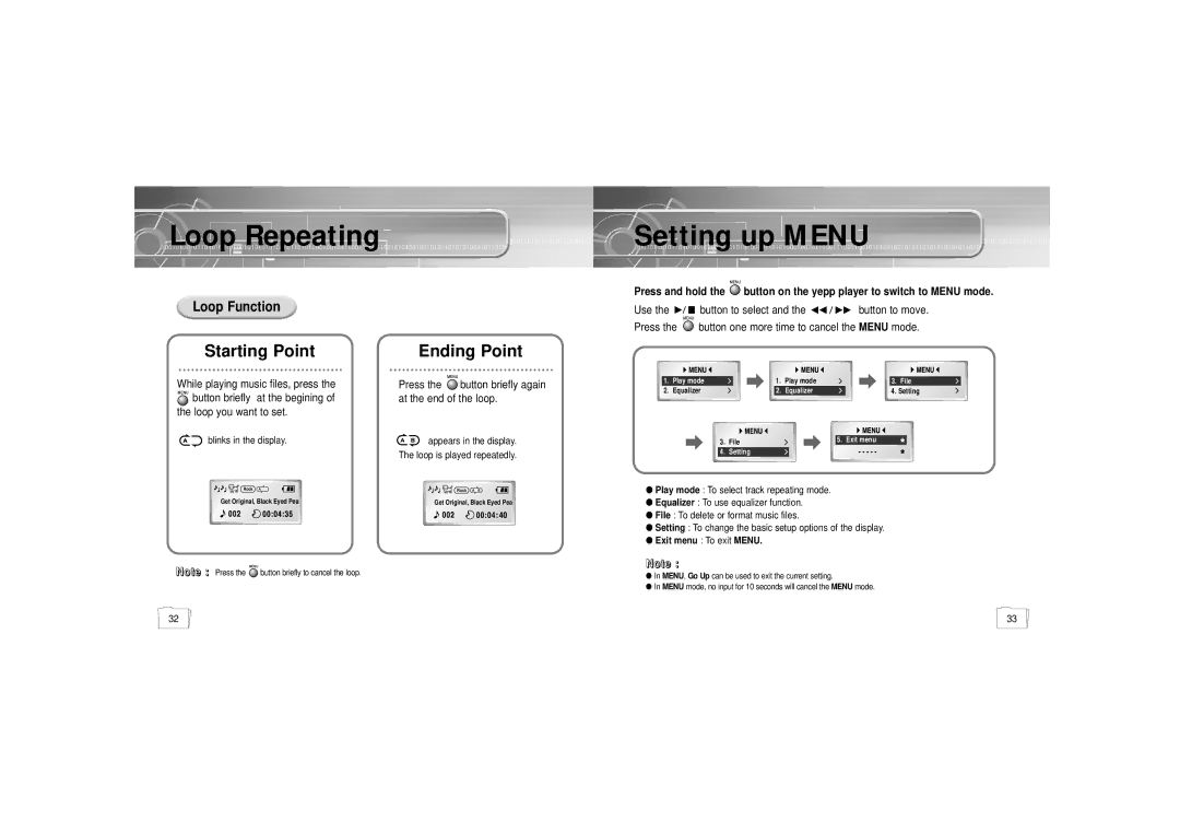 Samsung YP-N30S/ELS1, YP-N30H manual Loop Repeating Setting up Menu, Loop Function, Loop you want to set 