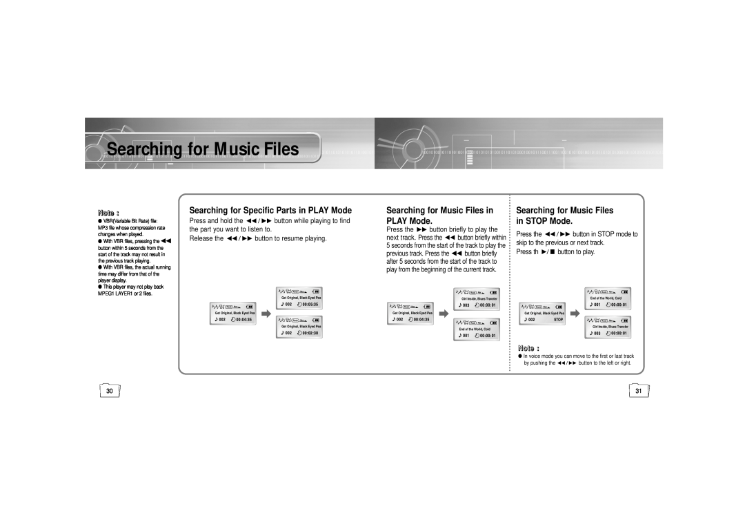 Samsung YP-N30S Searching for Music Files, Searching for Specific Parts in PLAY Mode, Release the button to resume playing 