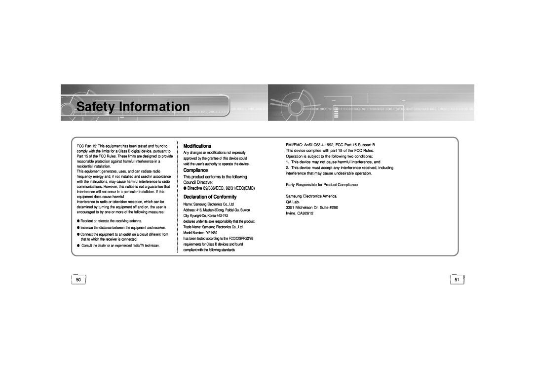Samsung YP-N30S manual Safety Information, Modifications, Compliance, Declaration of Conformity 