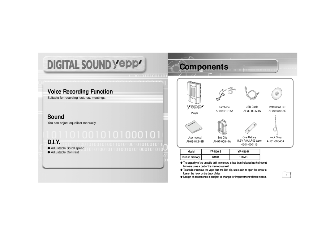 Samsung YP-N30S Components, Voice Recording Function, Sound, D.I.Y, AH59-01014A, AH39-00474A, AH80-00046C, AH68-01248B 