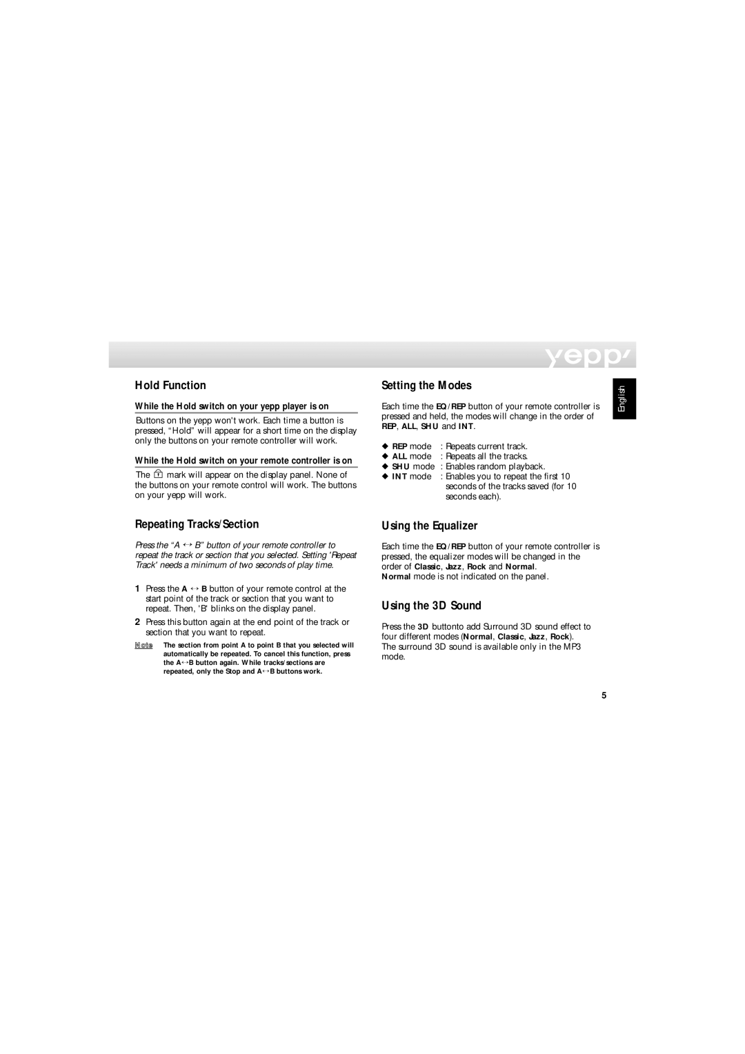 Samsung YP-NDU64SF/XEF Hold Function, Setting the Modes, Repeating Tracks/Section, Using the Equalizer, Using the 3D Sound 