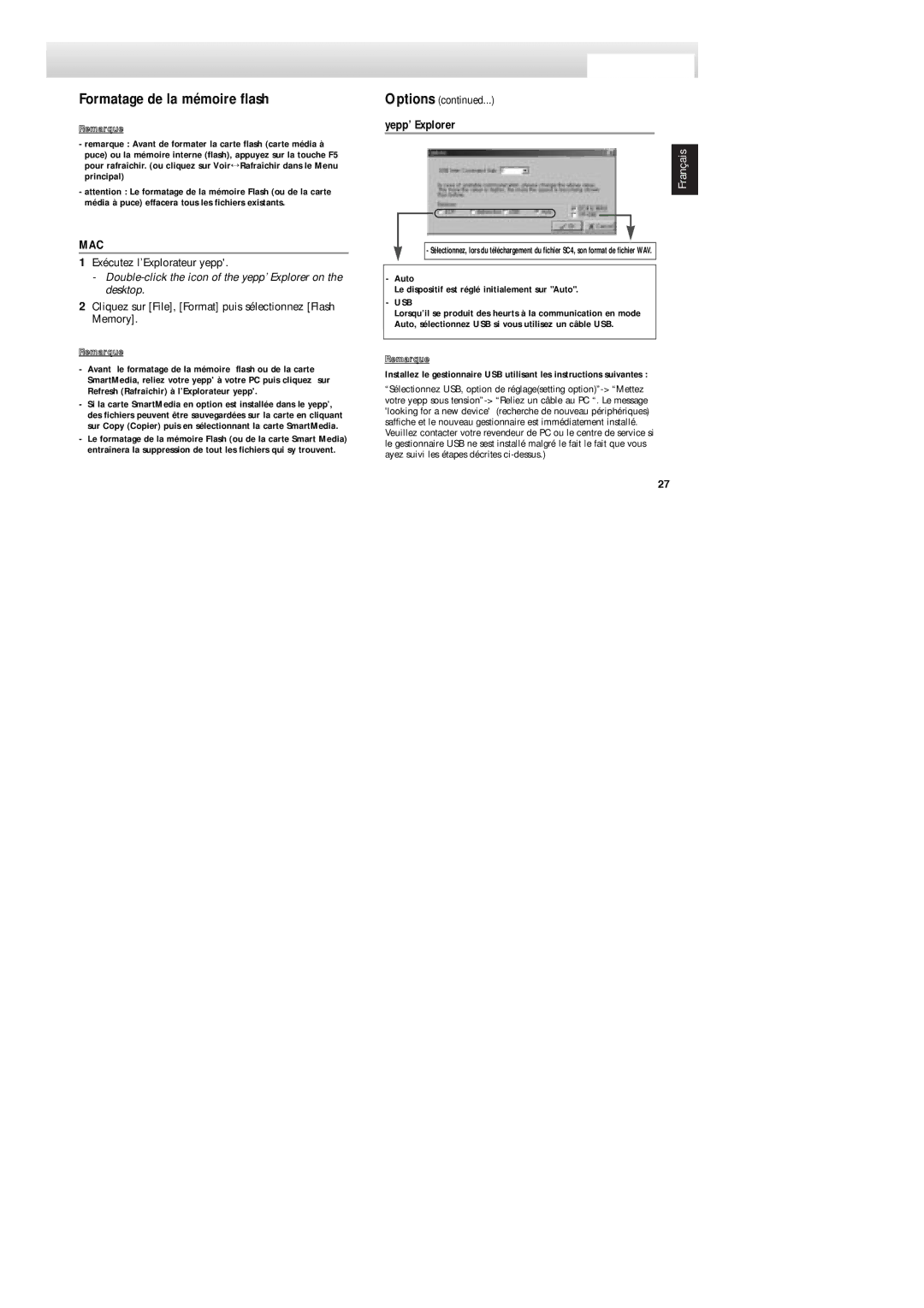 Samsung YP-NDU64SF/XEF, YP-NDU64S/XEF manual Formatage de la mémoire flash, Yepp’ Explorer 