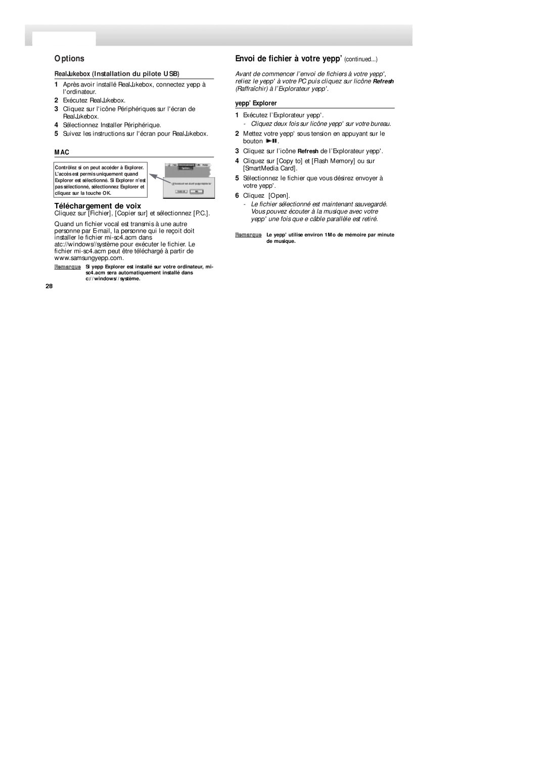 Samsung YP-NDU64S/XEF, YP-NDU64SF/XEF manual Options, Envoi de fichier à votre yepp’, RealJukebox Installation du pilote USB 