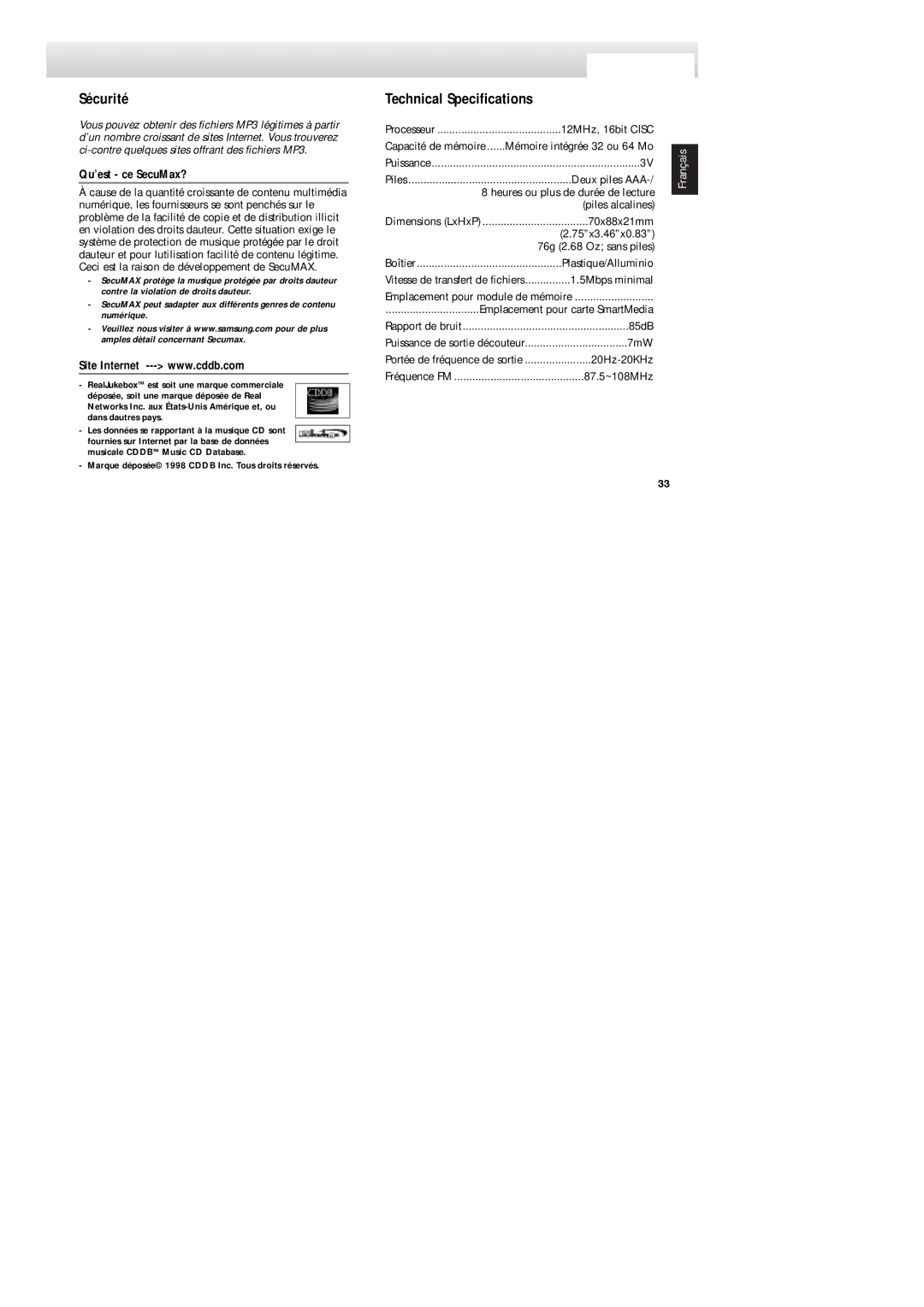 Samsung YP-NDU64SF/XEF, YP-NDU64S/XEF manual Sécurité, Technical Specifications, Qu’est ce SecuMax? 