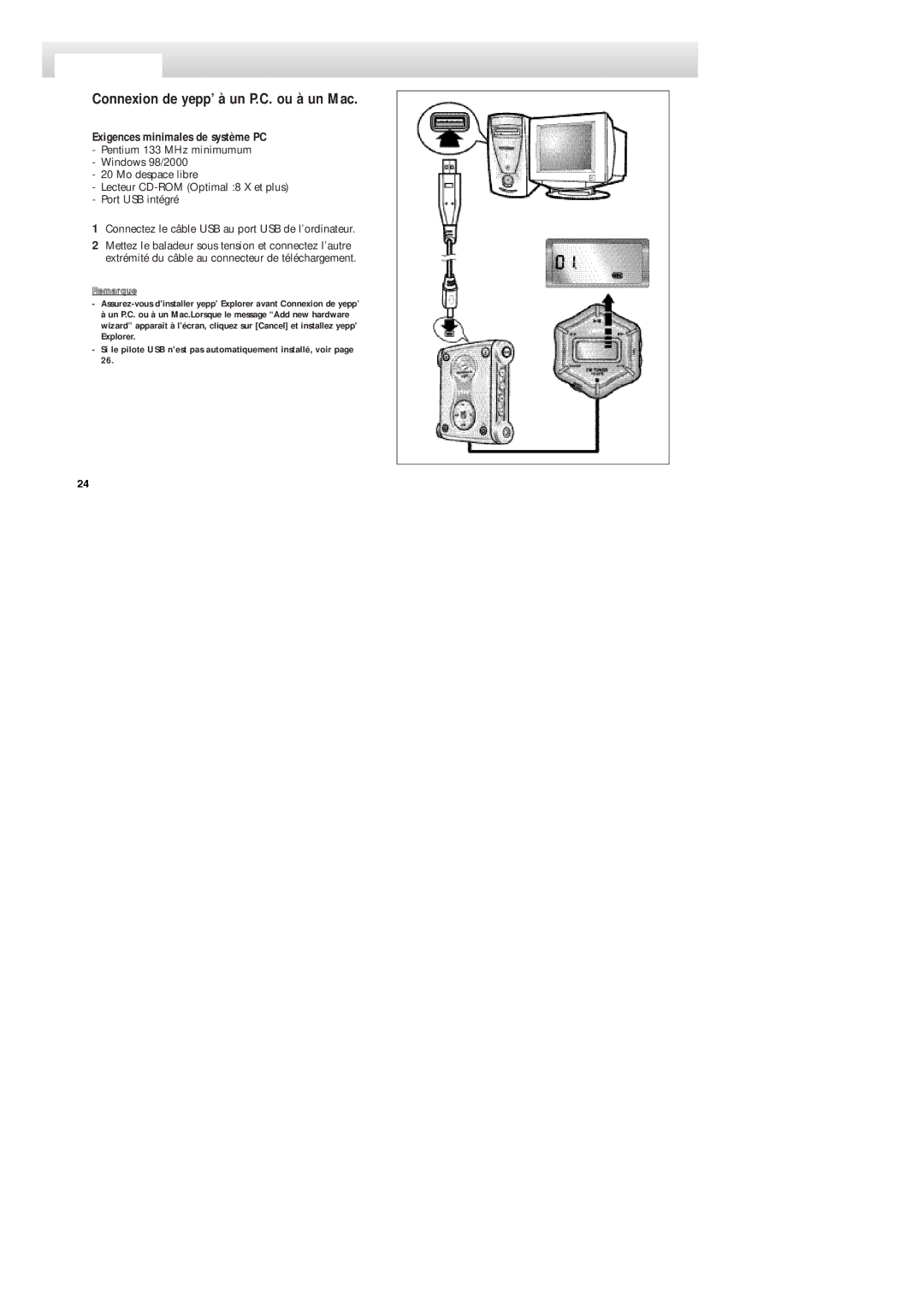 Samsung YP-NDU64S/XEF, YP-NDU64SF/XEF manual Connexion de yepp’ à un P.C. ou à un Mac, Exigences minimales de système PC 