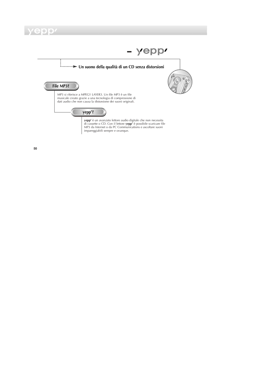 Samsung YP-NDU64SF/XET manual Un suono della qualità di un CD senza distorsioni File MP3?, Yepp’? 