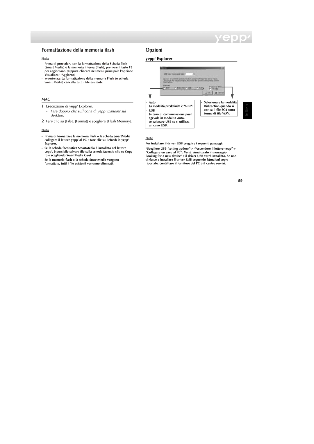 Samsung YP-NDU64SF/XET manual Formattazione della memoria flash Opzioni, Yepp Explorer 