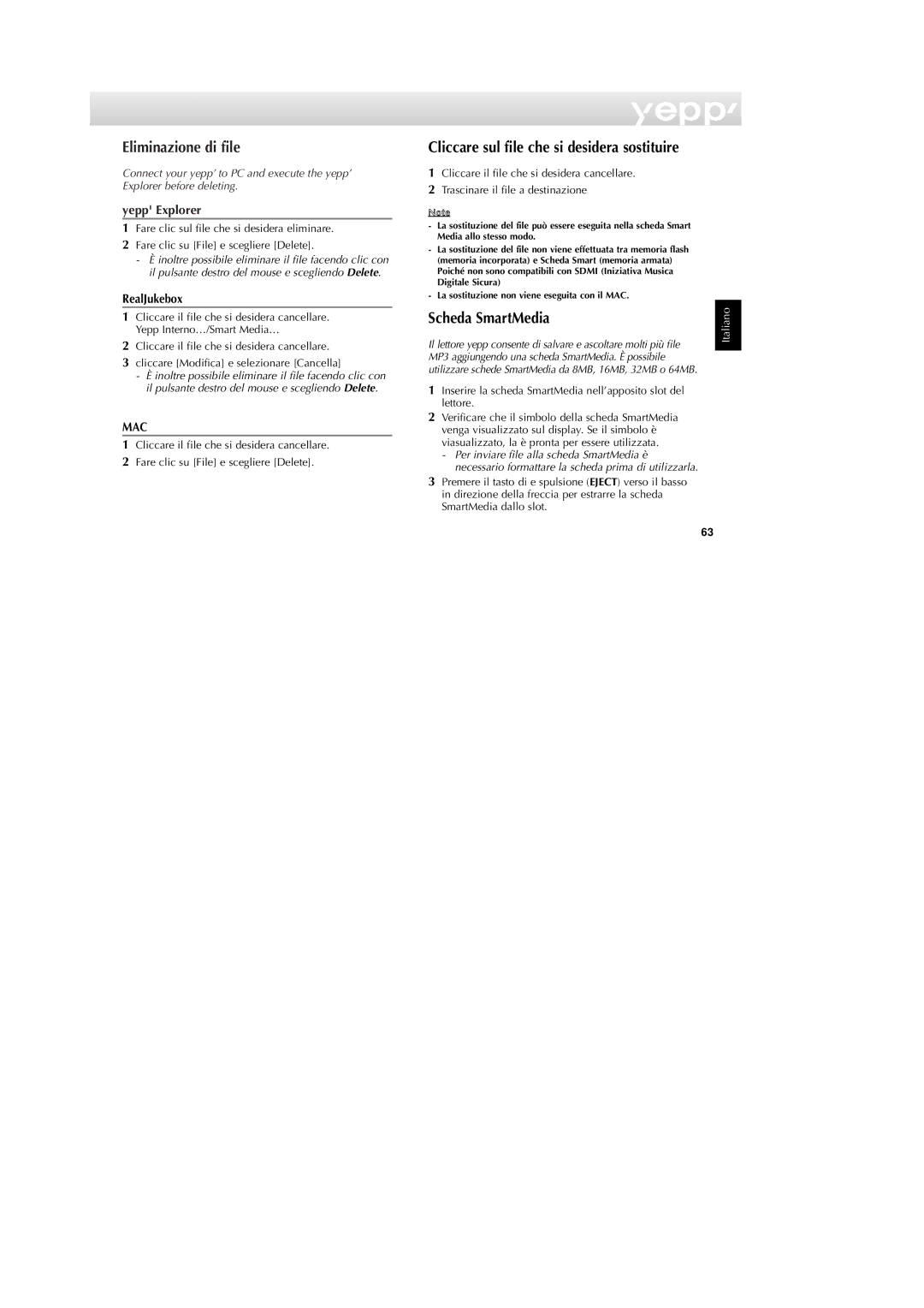 Samsung YP-NDU64SF/XET manual Eliminazione di file, Scheda SmartMedia 