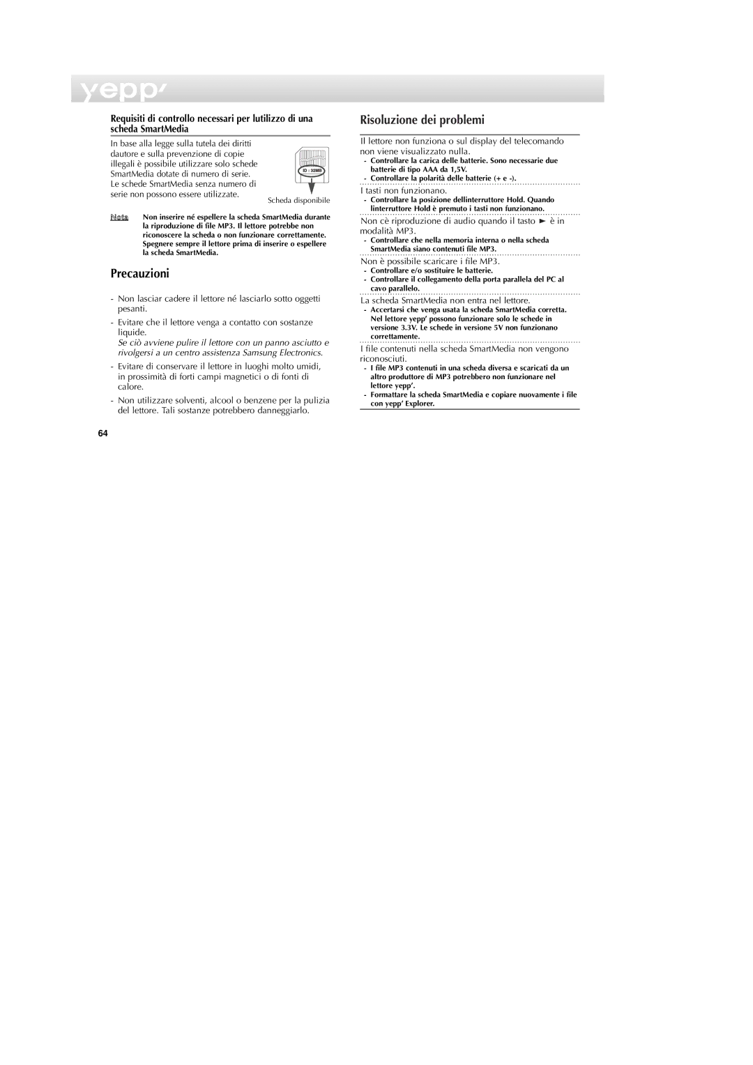 Samsung YP-NDU64SF/XET Precauzioni, Risoluzione dei problemi, Tasti non funzionano, Non è possibile scaricare i file MP3 