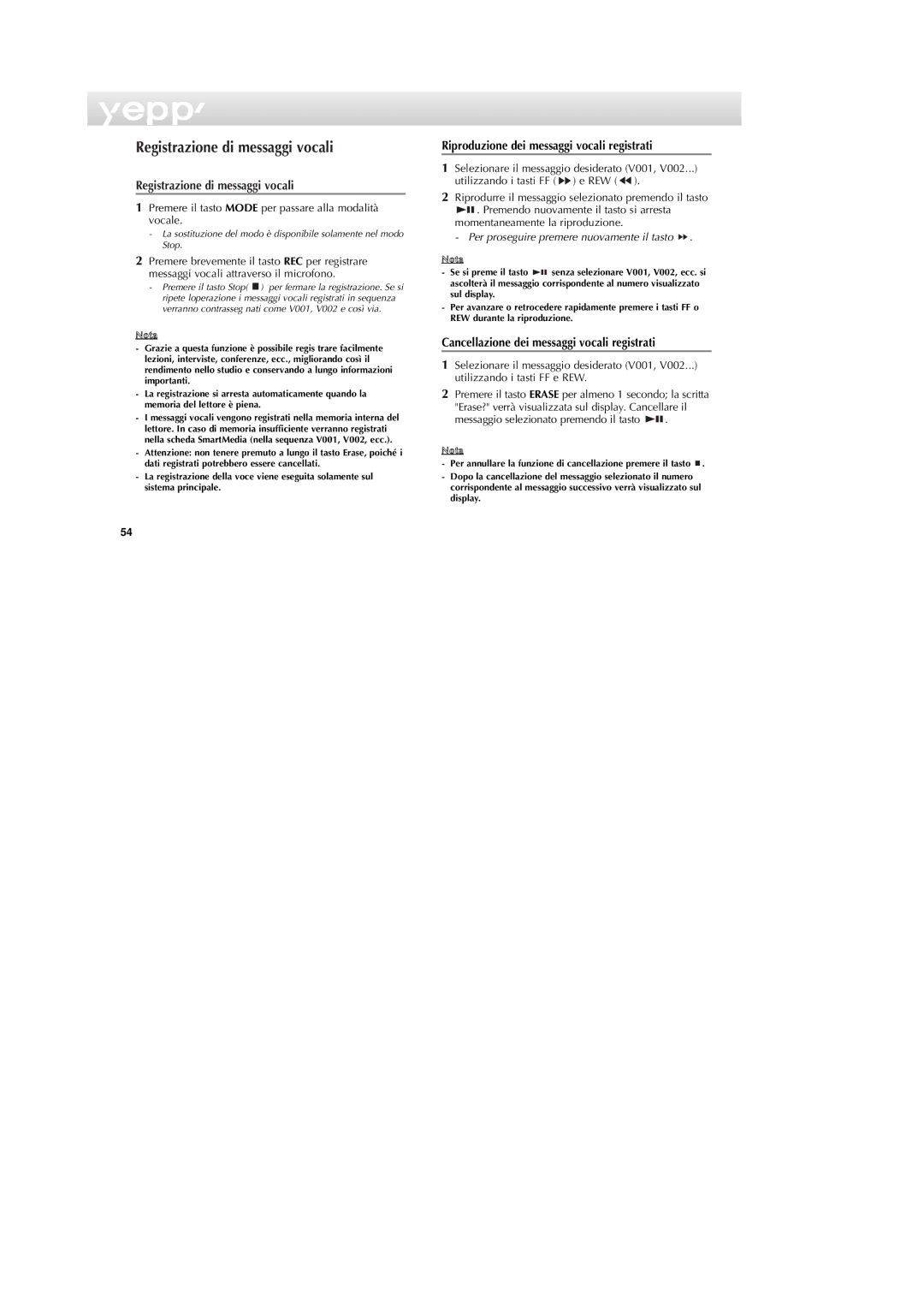 Samsung YP-NDU64SF/XET manual Registrazione di messaggi vocali, Riproduzione dei messaggi vocali registrati 