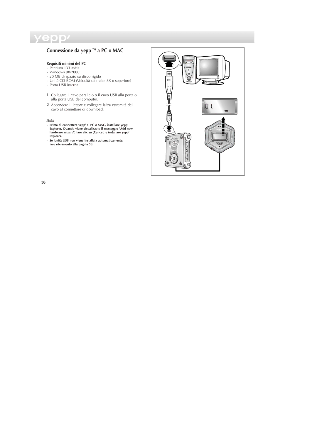 Samsung YP-NDU64SF/XET manual Connessione da yepp TM a PC o MAC, Requisiti minimi del PC 