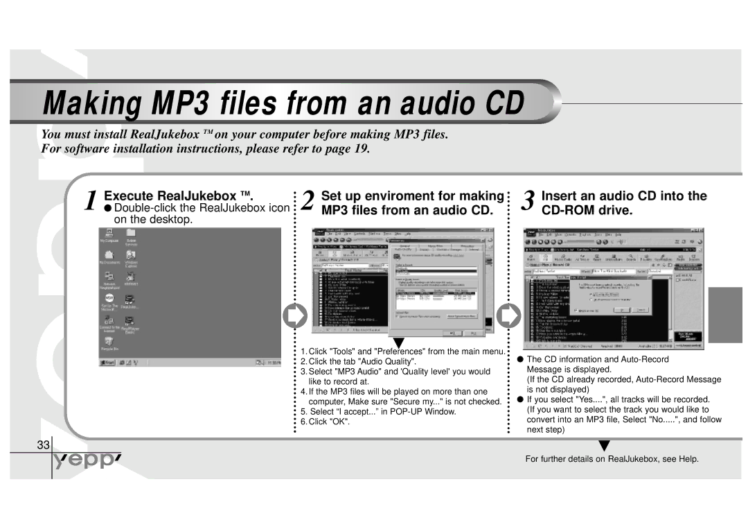 Samsung YP-NEU manual Execute RealJukebox TM Set up enviroment for making, MP3 files from an audio CD 