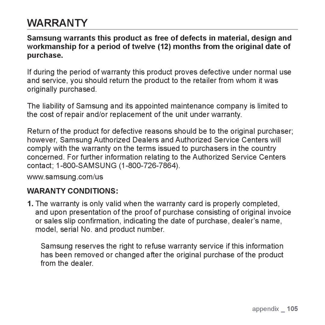 Samsung YP-P2 user manual Warranty, Waranty Conditions 