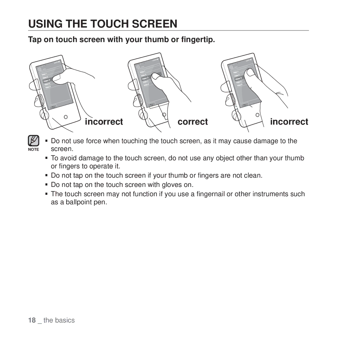 Samsung YP-P2 user manual Using the Touch Screen, Tap on touch screen with your thumb or ﬁngertip 