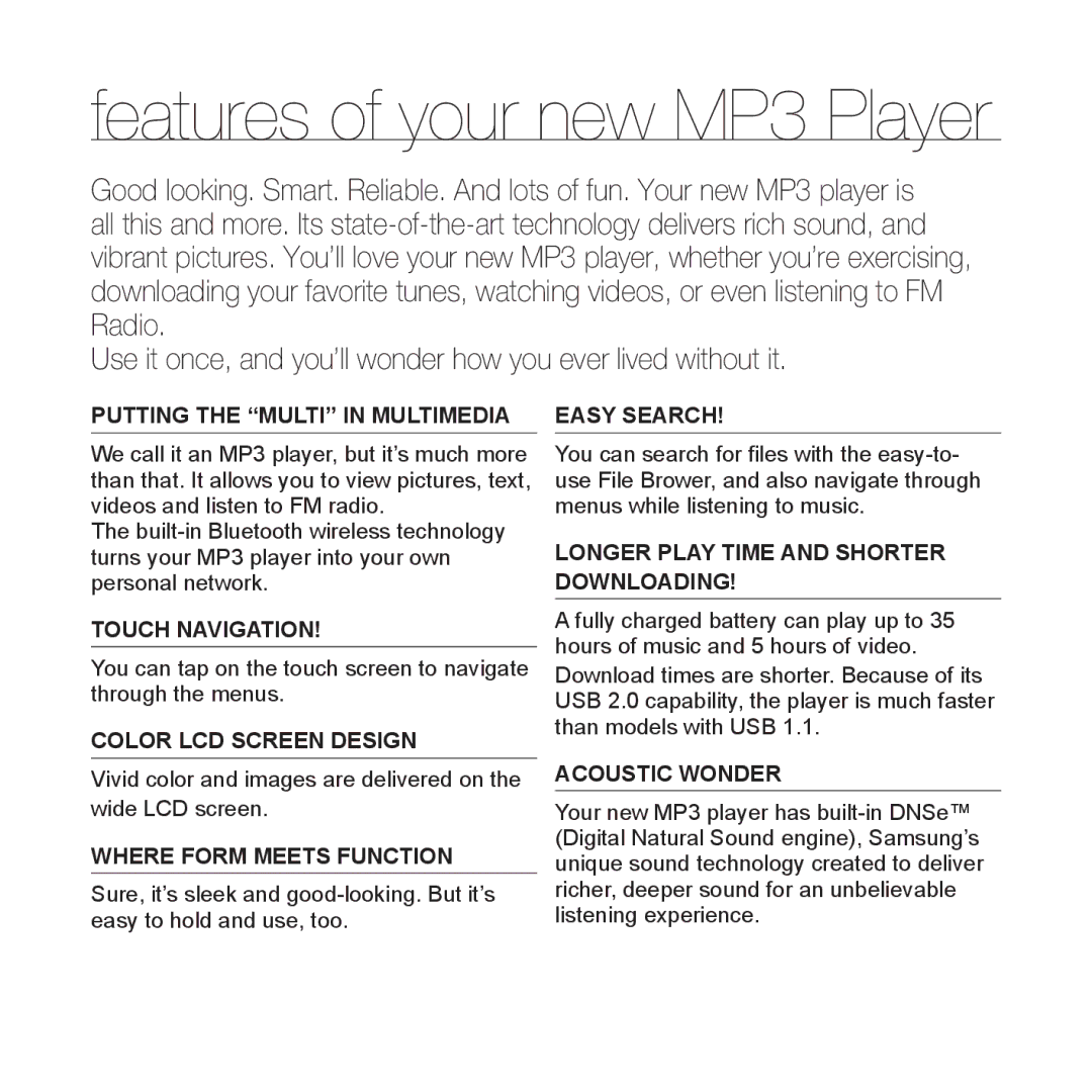 Samsung YP-P2 user manual Features of your new MP3 Player 