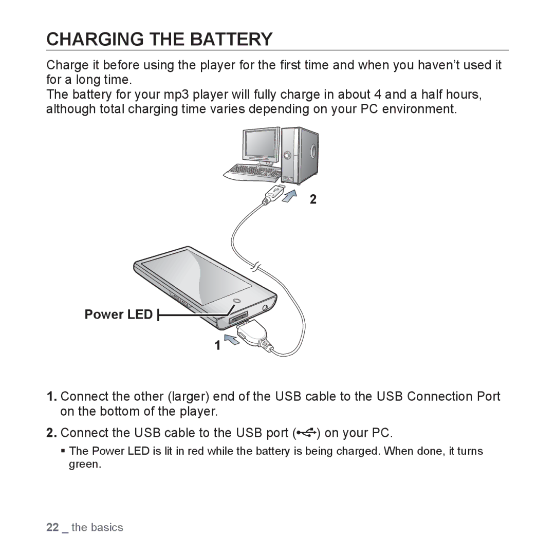 Samsung YP-P2 user manual Charging the Battery, Power LED 