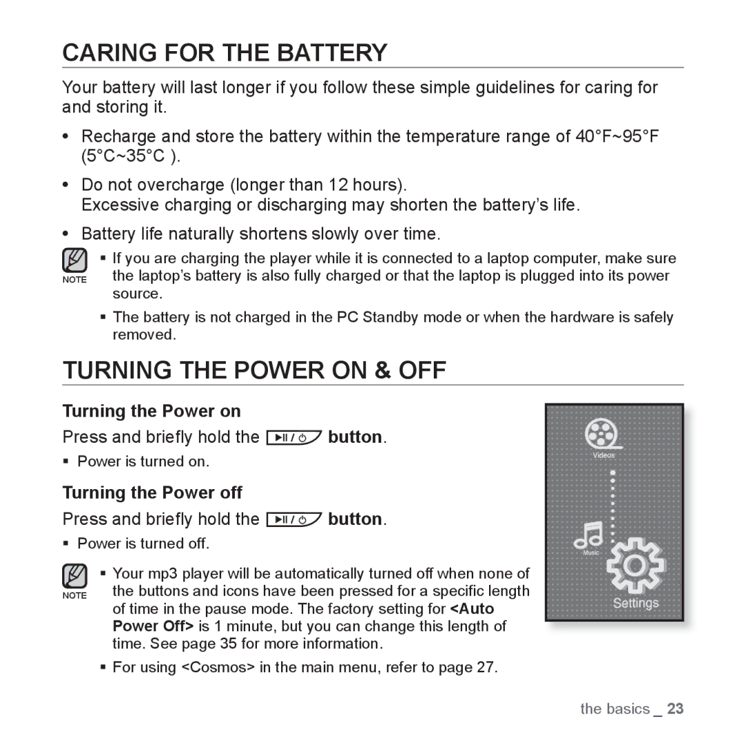 Samsung YP-P2 Caring for the Battery, Turning the Power on & OFF, Press and brieﬂy hold the button, Turning the Power off 