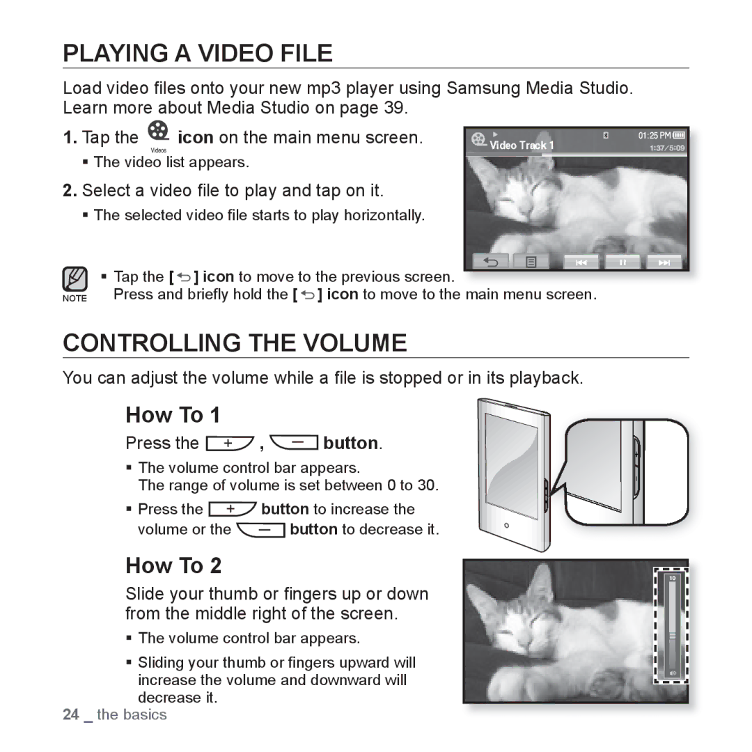 Samsung YP-P2 Playing a Video File, Controlling the Volume, Tap Icon on the main menu screen, Press the , button 