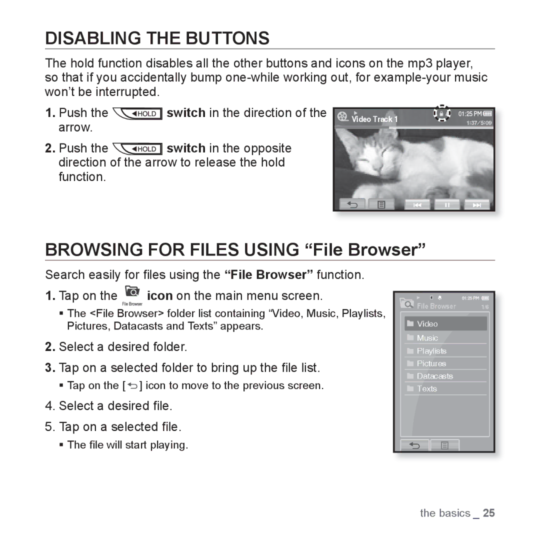 Samsung YP-P2 Disabling the Buttons, Browsing for Files Using File Browser, Select a desired ﬁle Tap on a selected ﬁle 