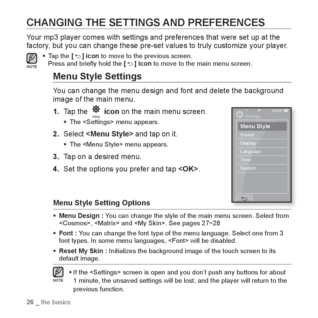 Samsung YP-P2 user manual Changing the Settings and Preferences, Menu Style Settings, Select Menu Style and tap on it 