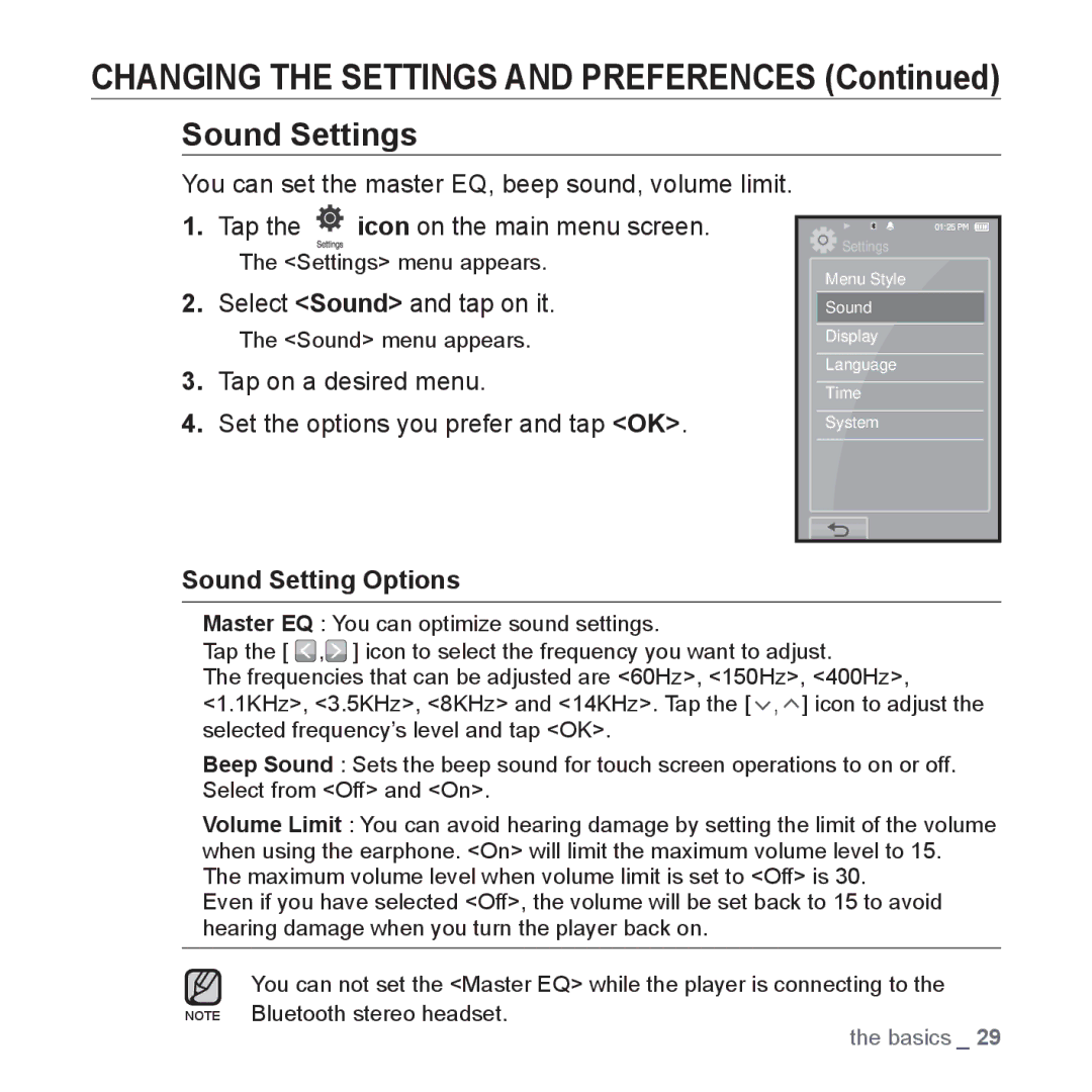 Samsung YP-P2 user manual Sound Settings, Select Sound and tap on it, Sound Setting Options 