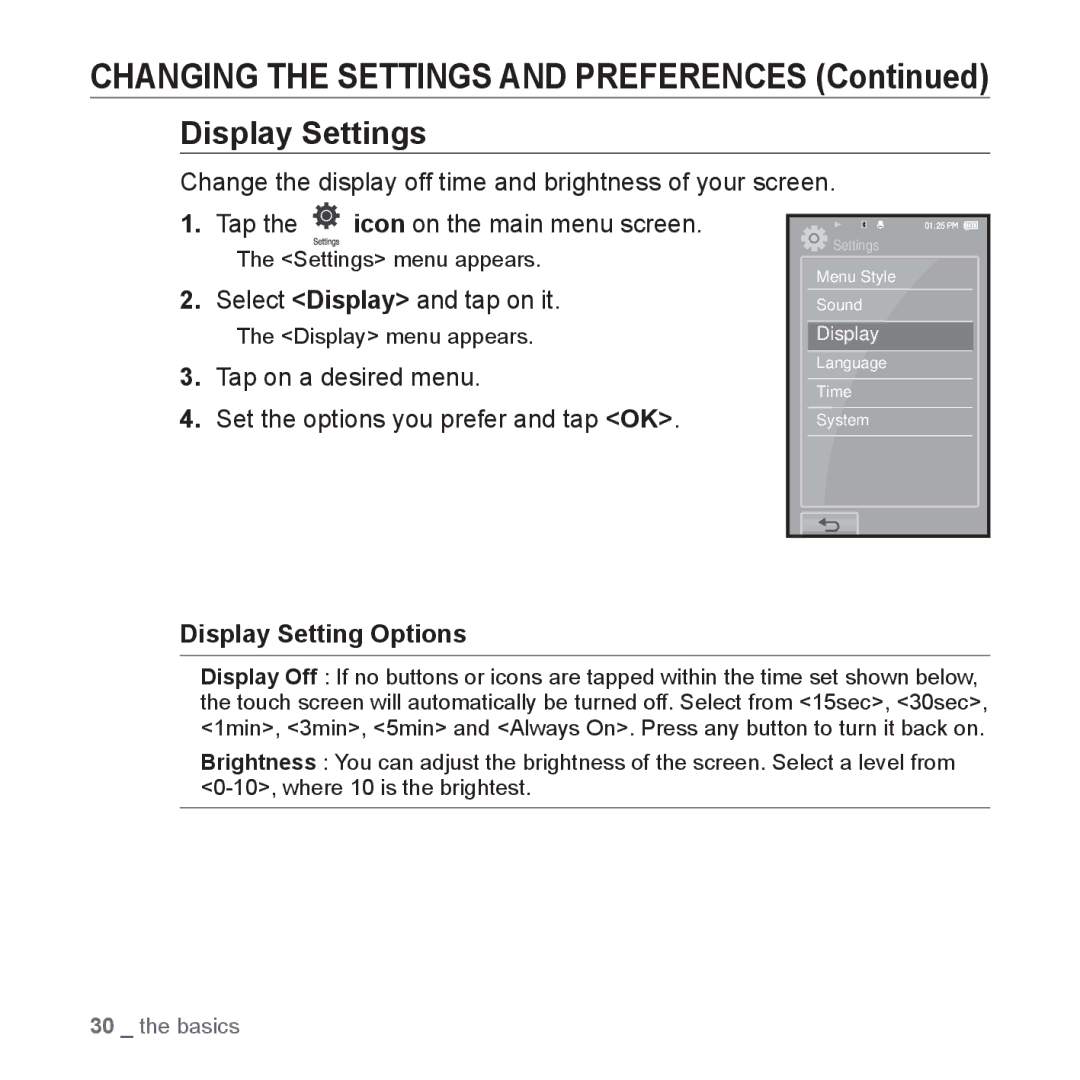 Samsung YP-P2 user manual Display Settings, Select Display and tap on it, Tap on a desired menu, Display Setting Options 