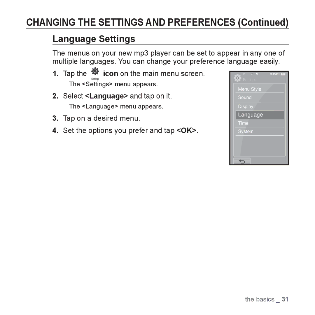 Samsung YP-P2 user manual Language Settings, Select Language and tap on it 