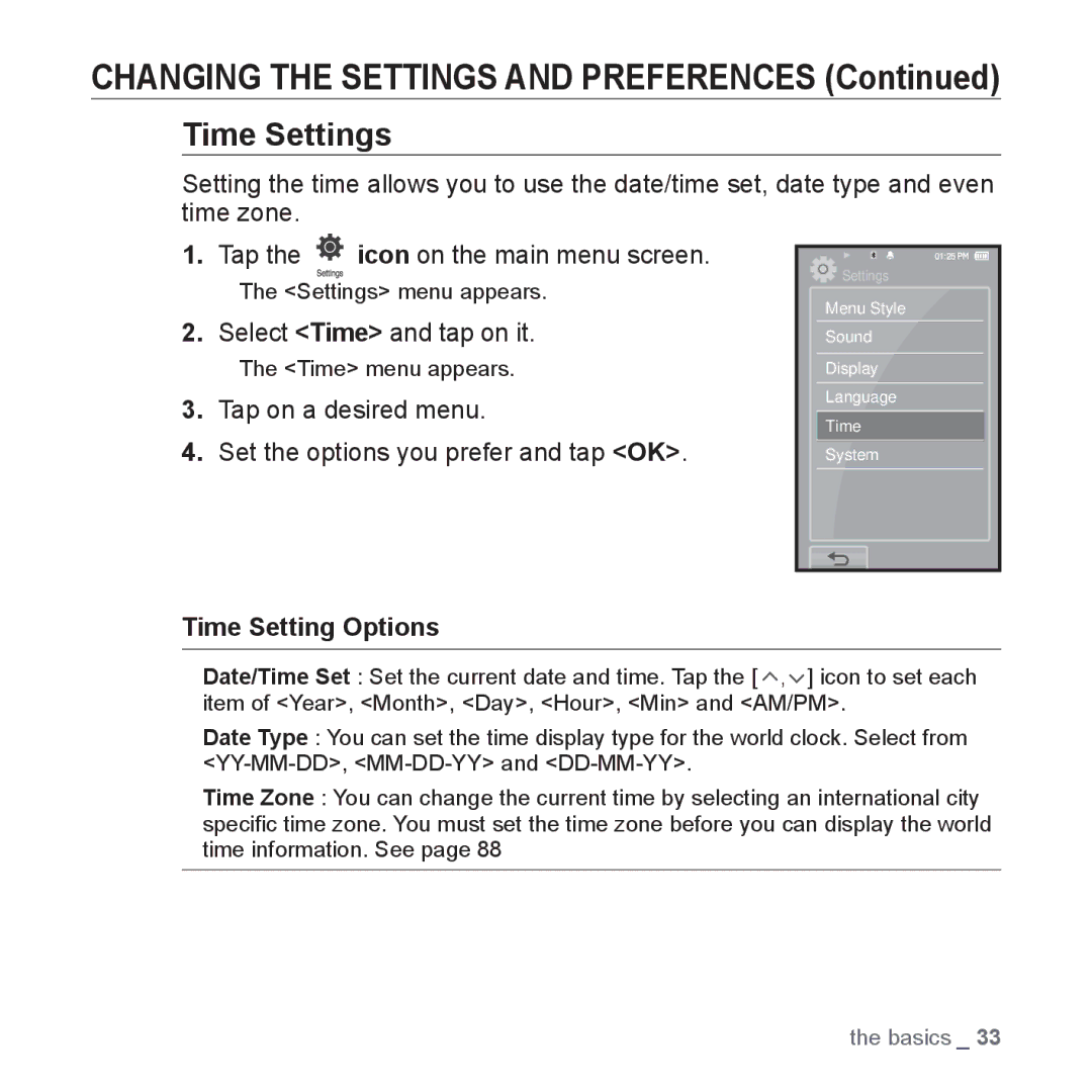 Samsung YP-P2 user manual Time Settings, Select Time and tap on it, Time Setting Options 