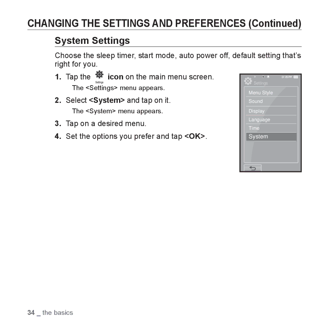 Samsung YP-P2 user manual System Settings, Select System and tap on it 