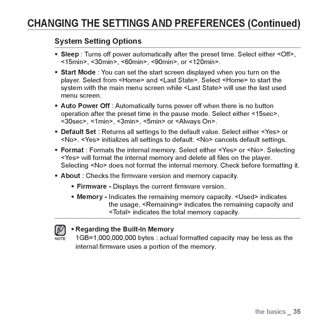 Samsung YP-P2 user manual System Setting Options 