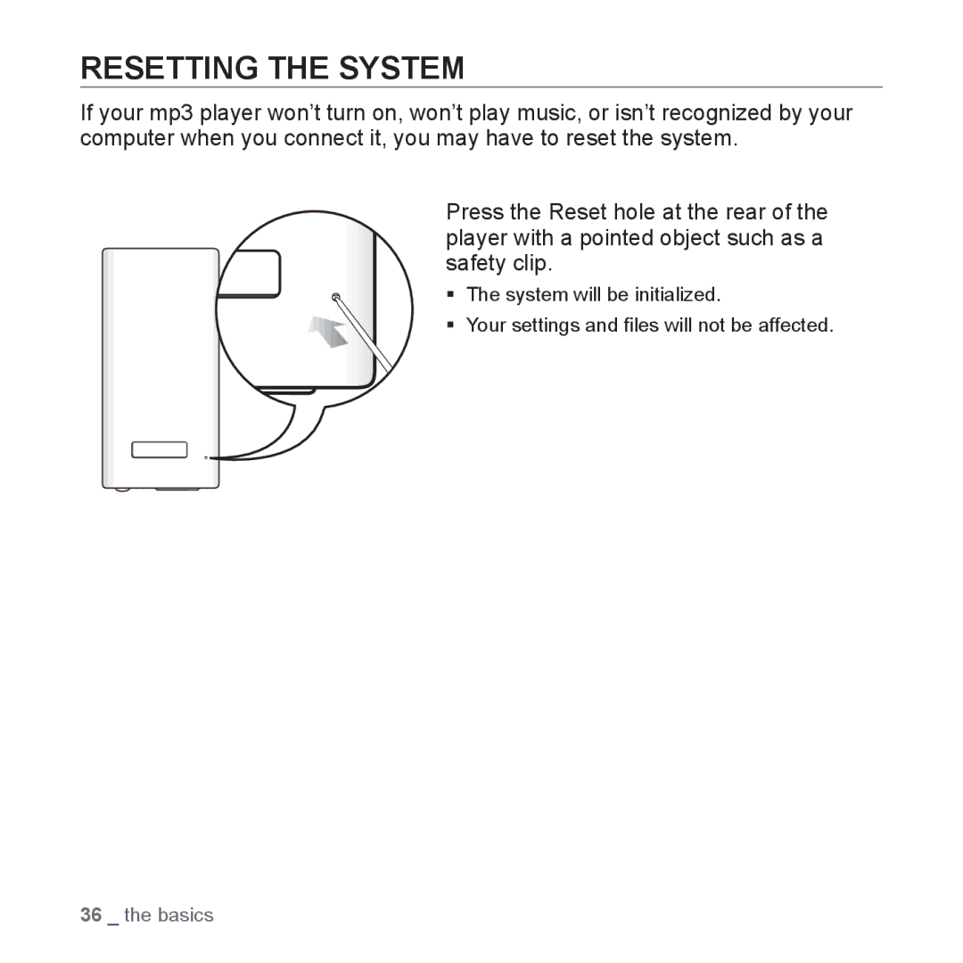 Samsung YP-P2 user manual Resetting the System 