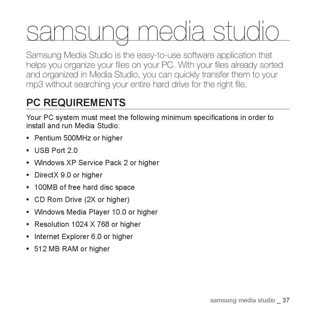 Samsung YP-P2 user manual Samsung media studio, PC Requirements 