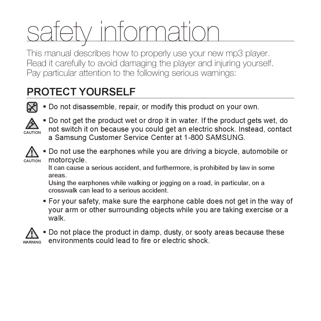 Samsung YP-P2 user manual Protect Yourself 